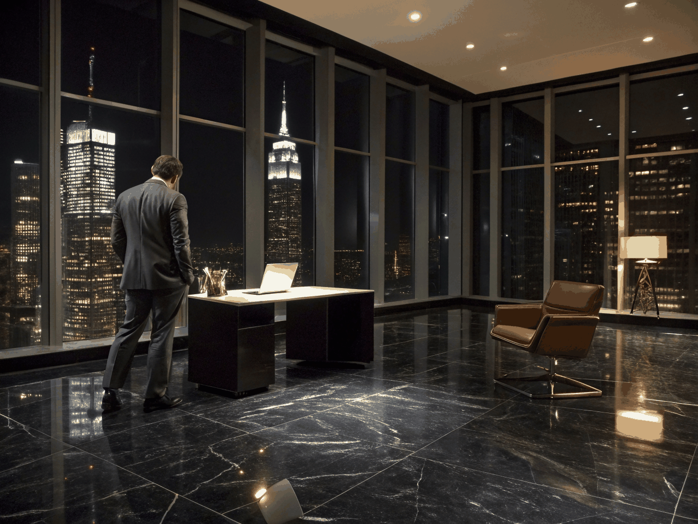 Luxury studio interior with warm lighting and premium furniture